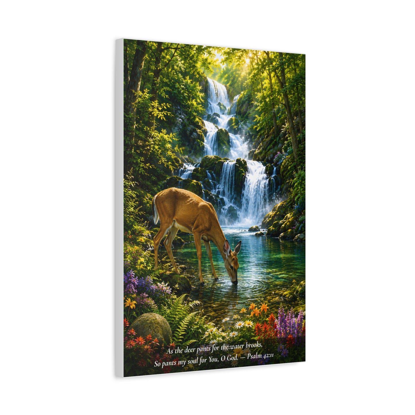 The Deer and the Waterfall — Vibrant Canvas Wall Art | Psalm 42:1