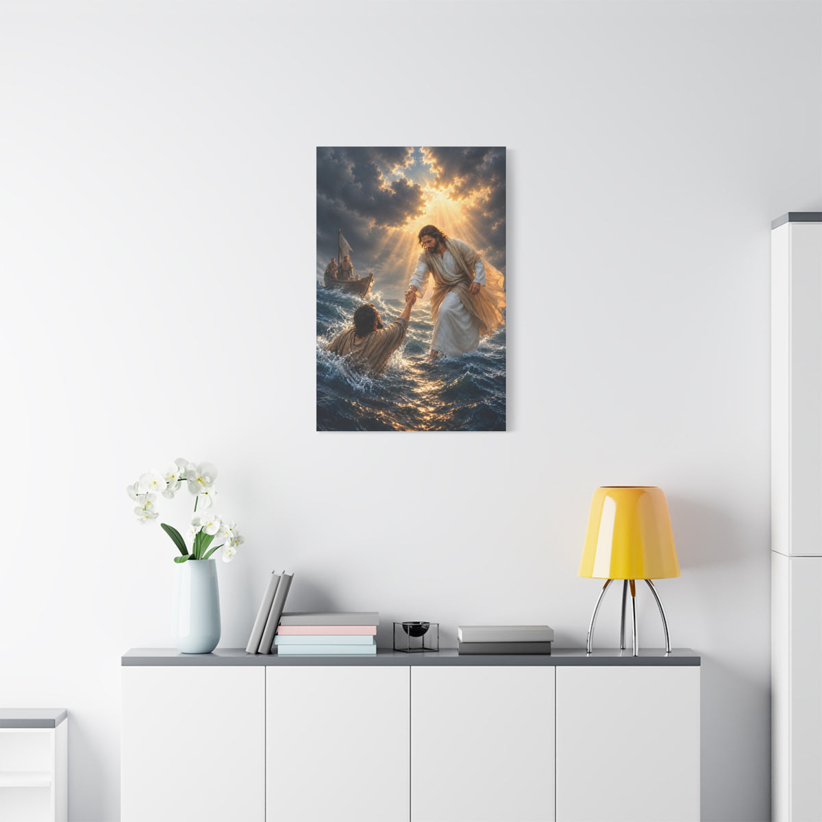 Jesus Catches Peter Portrait — Matthew 14:30-31 | Christian Canvas Art