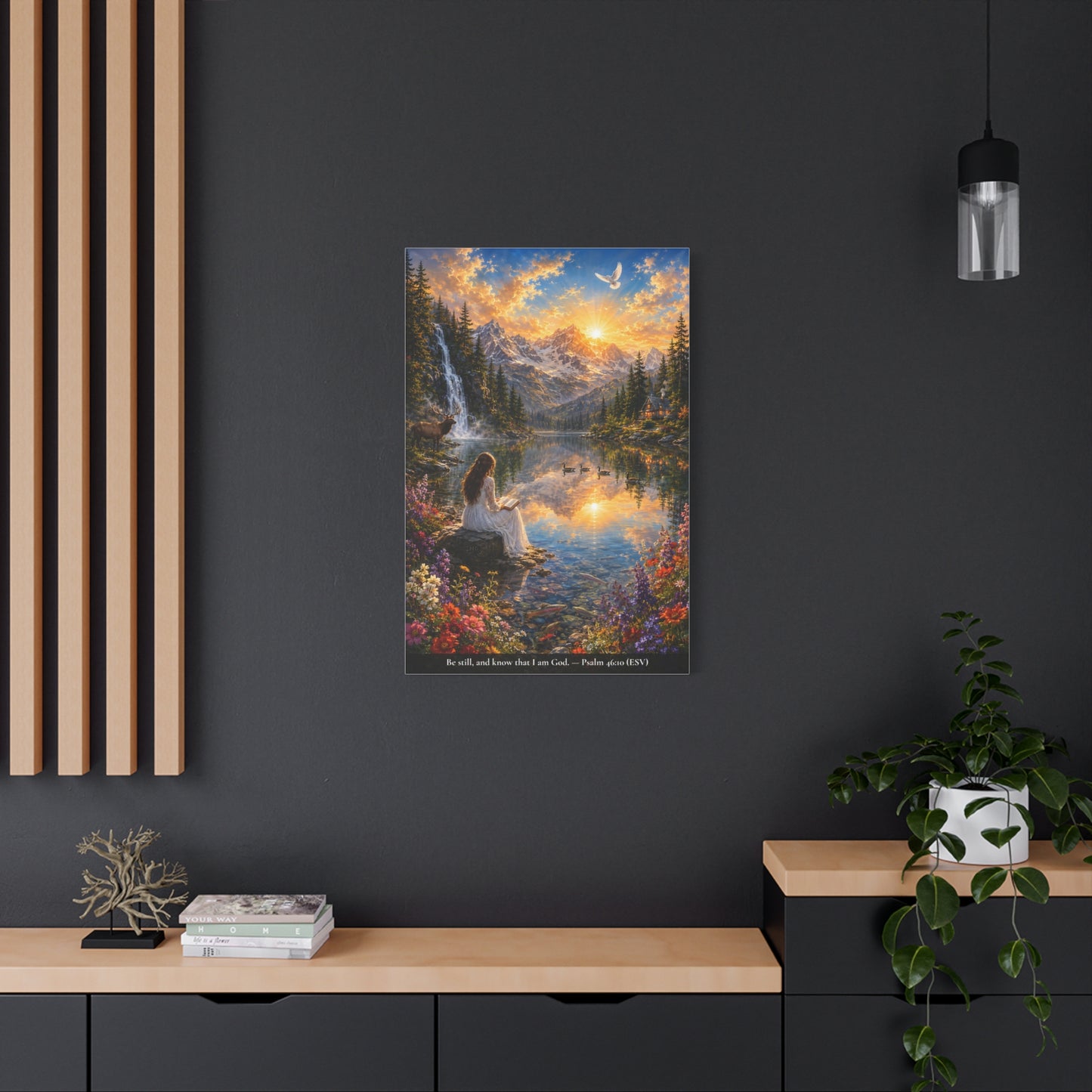 Be Still and Know — Psalm 46:10 — Woman at the Lake — Vibrant Edition — Christian Canvas Wall Art