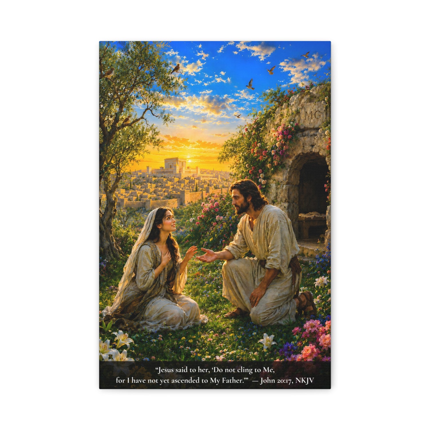 A vertical canvas art print  showing Jesus and Mary Magdalene kneeling in a garden at sunset, with a cityscape in the background and a Bible verse printed along the bottom. The print is centered on a light gray background.