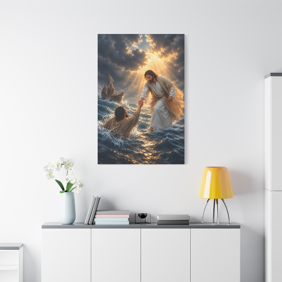 Jesus Catches Peter Portrait — Matthew 14:30-31 | Christian Canvas Art