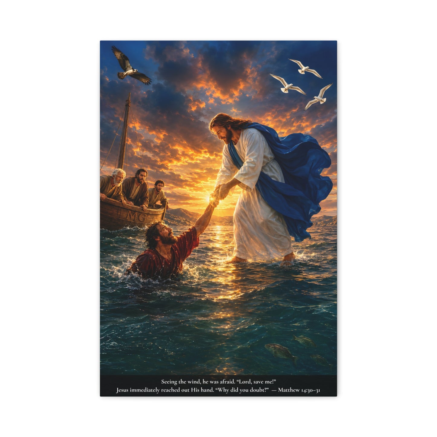 Jesus Saves Peter — Matthew 14:30-31 | Vibrant Christian Canvas Wall Art