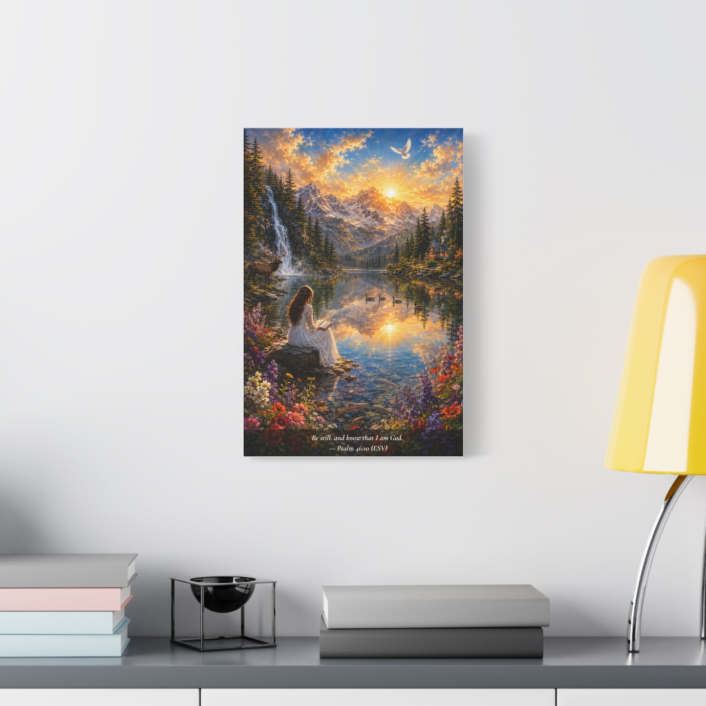 Be Still and Know — Psalm 46:10 — Woman at the Lake — Vibrant Edition — Christian Canvas Wall Art