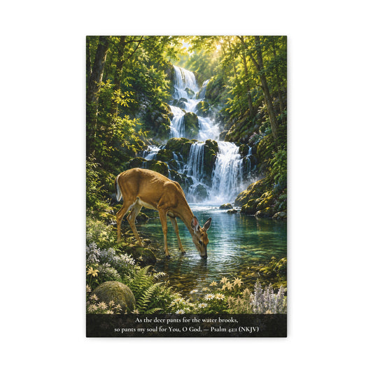 A vertical canvas wall art print  - Deer drinking from a stream with a waterfall in the background.  Psalm 42:1 "As teh deer pants for the water brooks..."