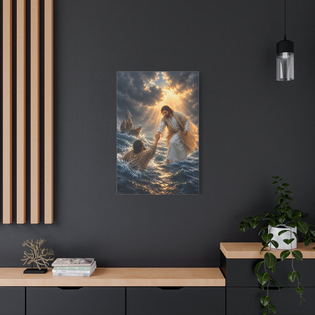Jesus Catches Peter Portrait — Matthew 14:30-31 | Christian Canvas Art