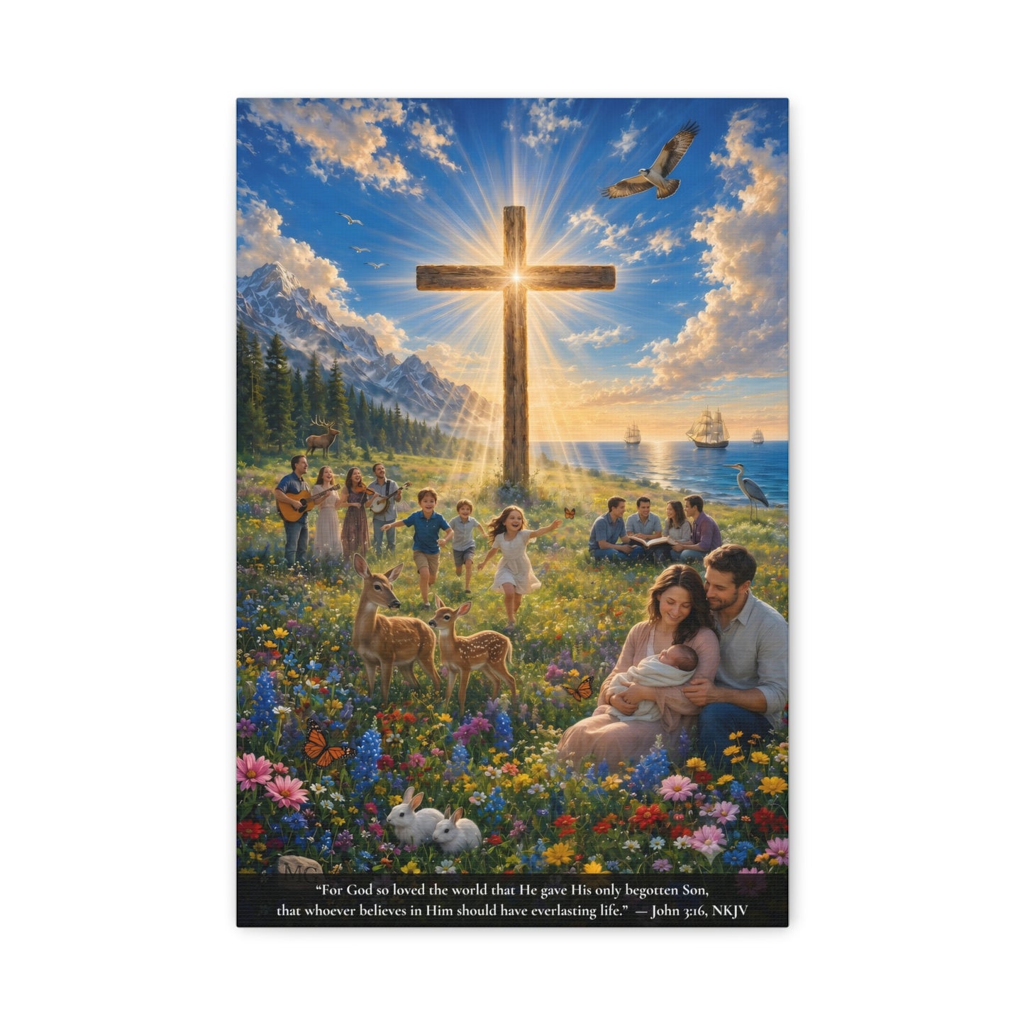 A vertical canvas wall art print  showing a colorful Christian scene with a large wooden cross in a sunlit meadow, mountains, water, ships, people, animals, and a Bible verse printed along the bottom. The print is centered on a light gray background.  People singing hymns, people reading Bible, children playing.  John 3:16 "Sor God so loved the world that He gave His only begotten Son..."