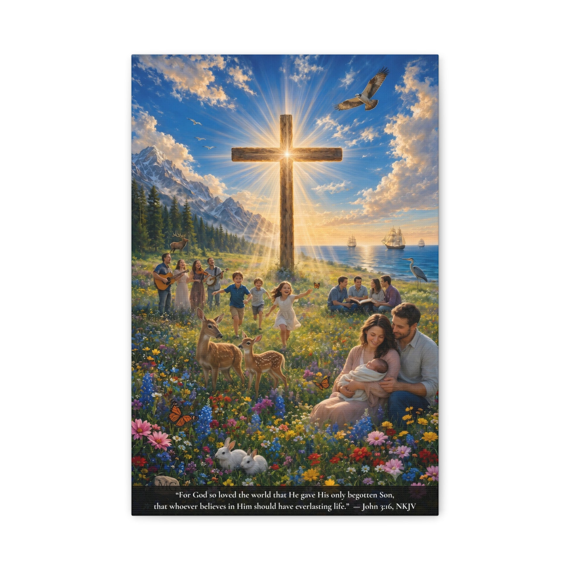 A vertical canvas wall art print  showing a colorful Christian scene with a large wooden cross in a sunlit meadow, mountains, water, ships, people, animals, and a Bible verse printed along the bottom. The print is centered on a light gray background.  People singing hymns, people reading Bible, children playing.  John 3:16 "Sor God so loved the world that He gave His only begotten Son..."