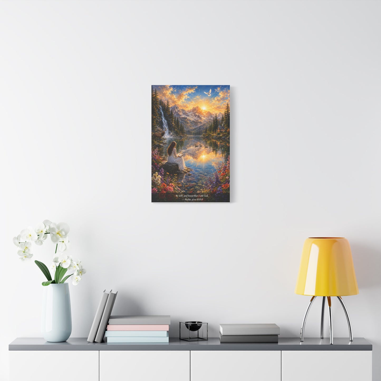 Be Still and Know — Psalm 46:10 — Woman at the Lake — Vibrant Edition — Christian Canvas Wall Art