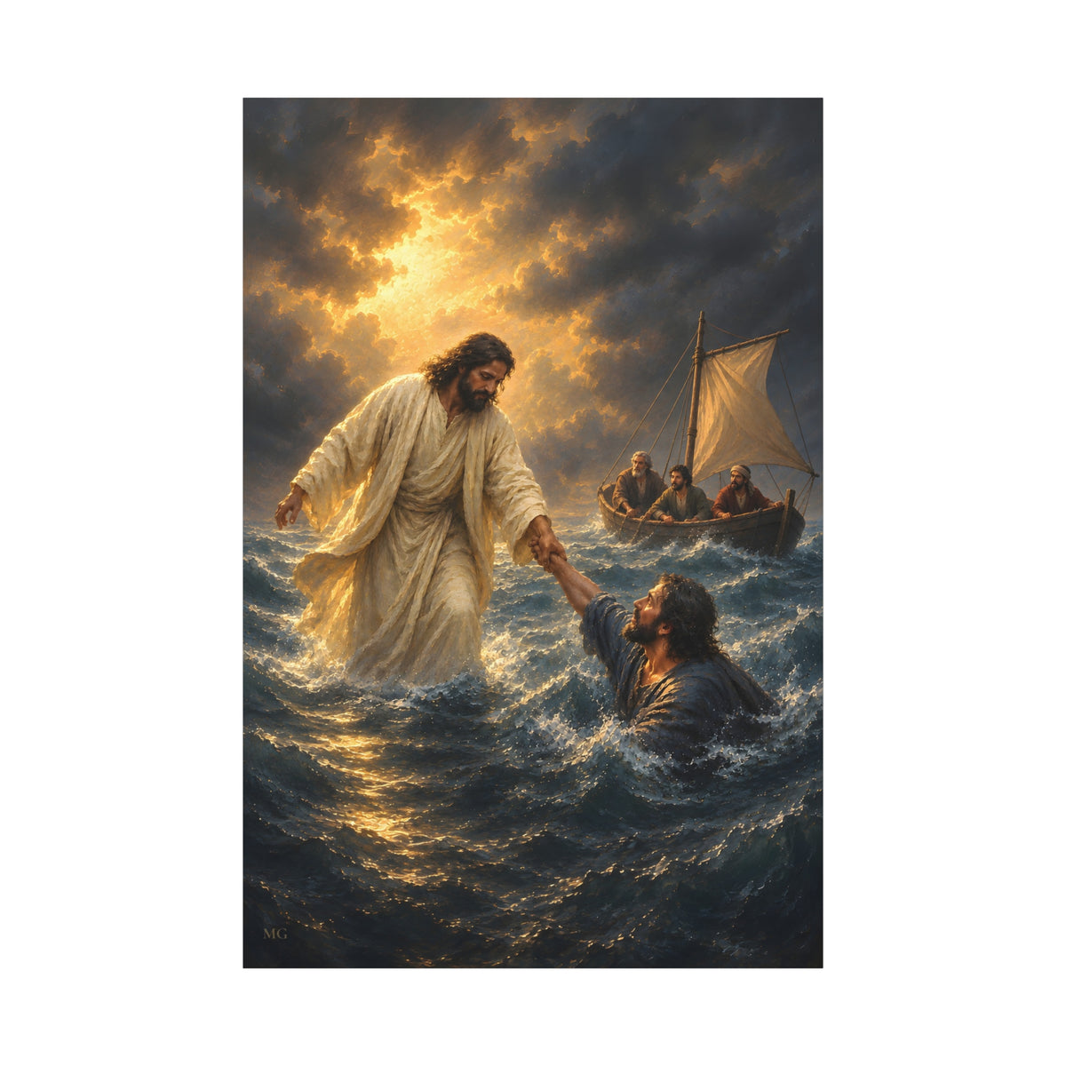 Jesus Saves Peter Portrait — Matthew 14:30-31 | Christian Canvas Art