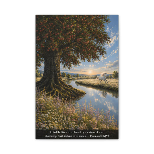 A vertical canvas wall art print  of a treea with fruit, a horse, and a sunset over water.  Psalm 1:3 "He shall be like a tree planted by the reivers of water..."