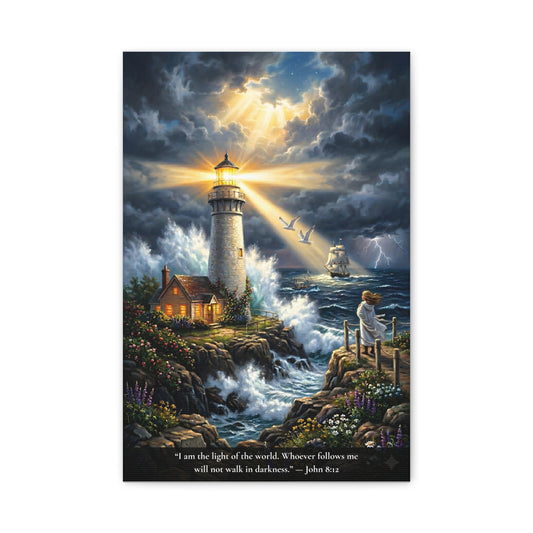 A vertical canvas wall art print  of a Lighthouse scene with a person on a rock, ship in the distance, and text quote. John 8:12 "I am the light of the world..."