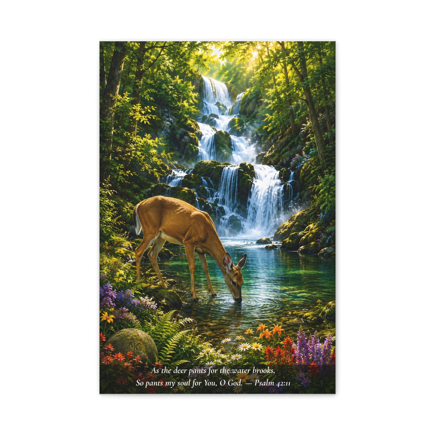 The Deer and the Waterfall — Vibrant Canvas Wall Art | Psalm 42:1