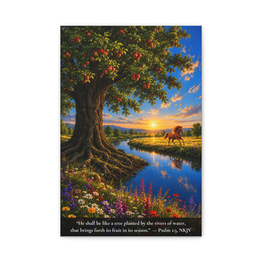 A vertical canvas wall art print  of a treea with fruit, a horse, and a sunset over water.  Psalm 1:3 "He shall be like a tree planted by the reivers of water..."