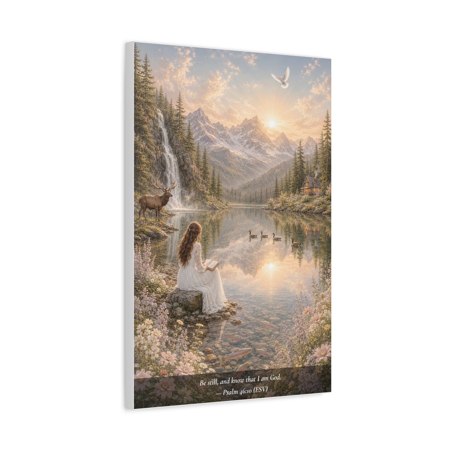 Be Still and Know — Psalm 46:10 — Woman at the Lake — Classic Edition — Christian Canvas Wall Art