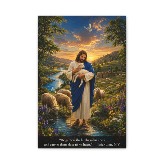 A vertical canvast wall art print showing a pastoral landscape with Jesus holding a lamb in a stream, surrounded by sheep, trees, and a sunset sky. A black band at the bottom contains a Bible verse quote: 'He gathers the lambs in his arms and carries them close to his heart.