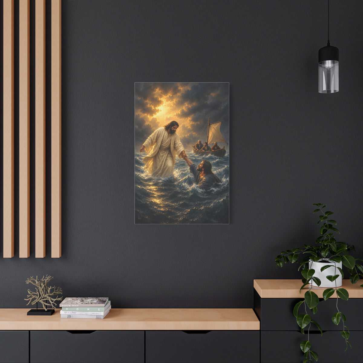 Jesus Saves Peter Portrait — Matthew 14:30-31 | Christian Canvas Art