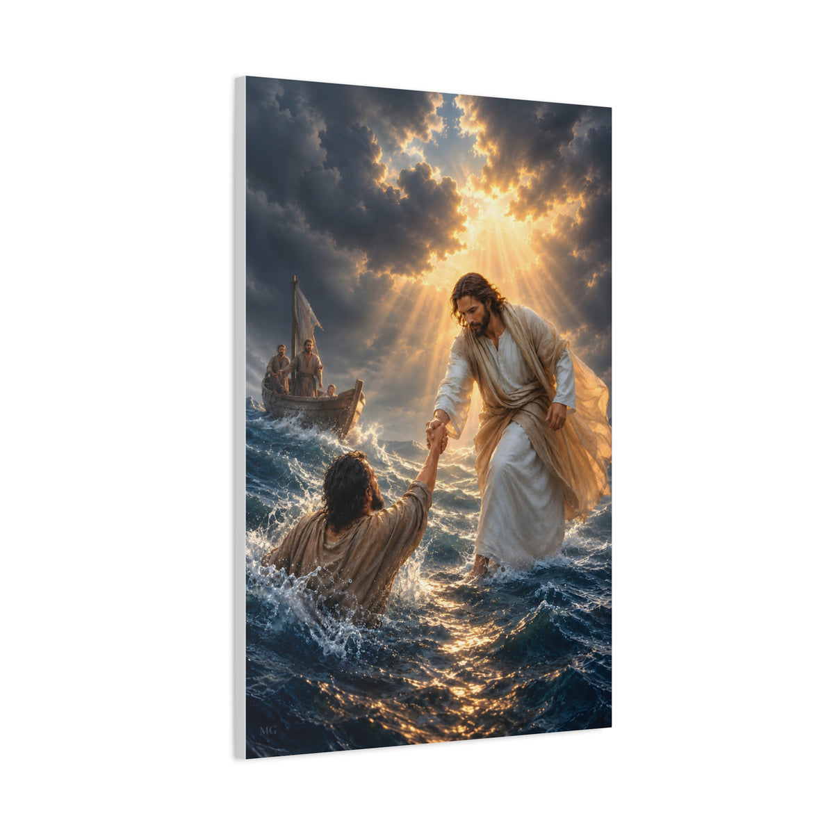 Jesus Catches Peter Portrait — Matthew 14:30-31 | Christian Canvas Art
