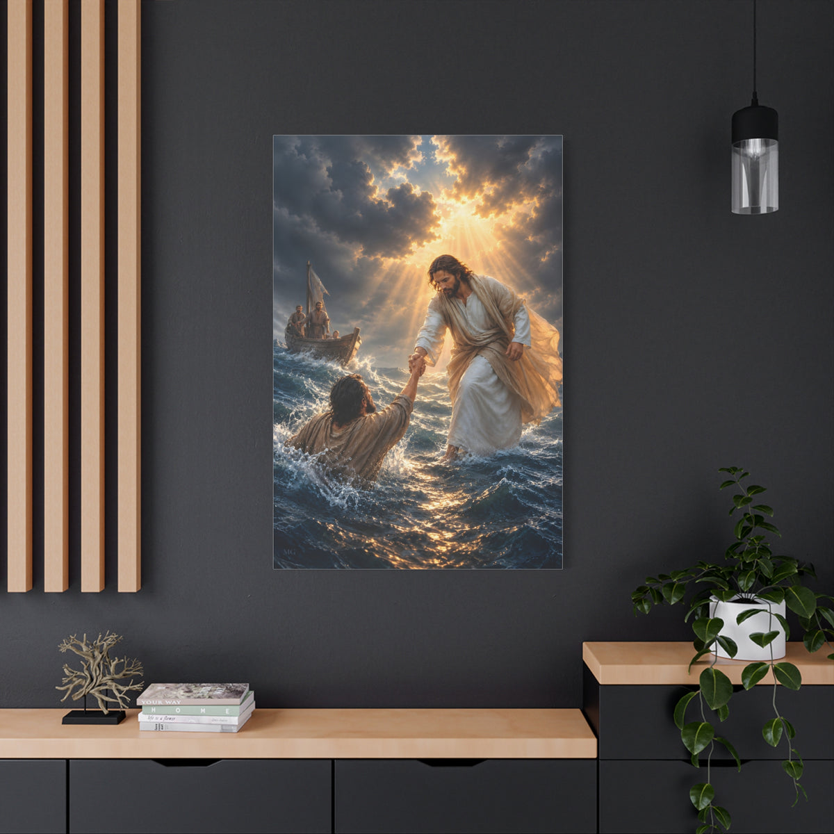 Jesus Catches Peter Portrait — Matthew 14:30-31 | Christian Canvas Art