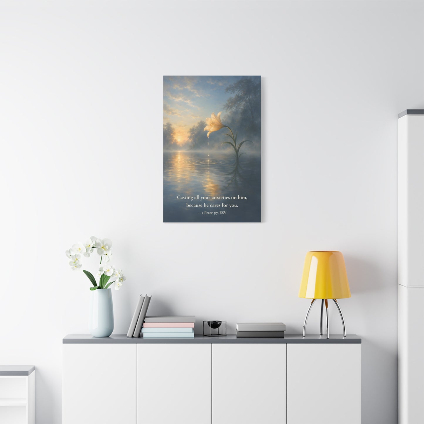 Because He Cares For You — 1 Peter 5:7 | Quiet Grace Canvas Wall Art