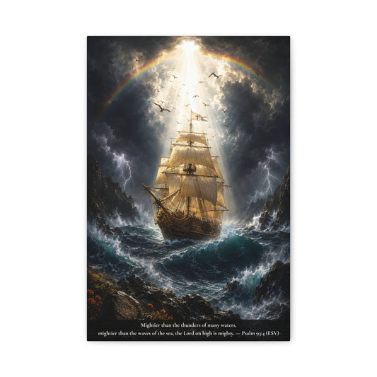 A vertical canvas wall art print  - Sailing ship in a stormy sea with a bright light in the sky.  Psalm 93:4 "Mighteier than the thunders of many waters, mightier than the waves of the sea, the Lord on high is mighty."