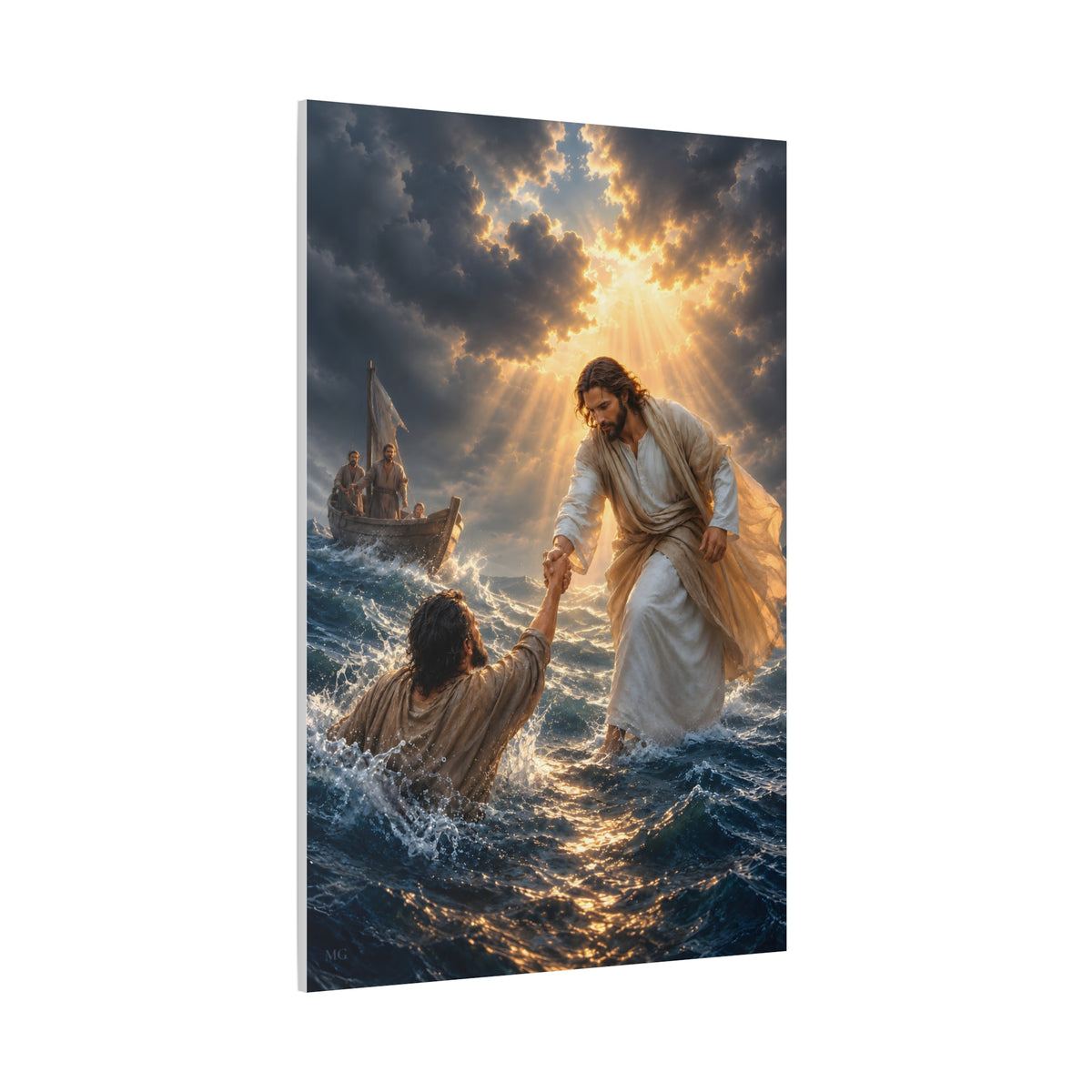 Jesus Catches Peter Portrait — Matthew 14:30-31 | Christian Canvas Art