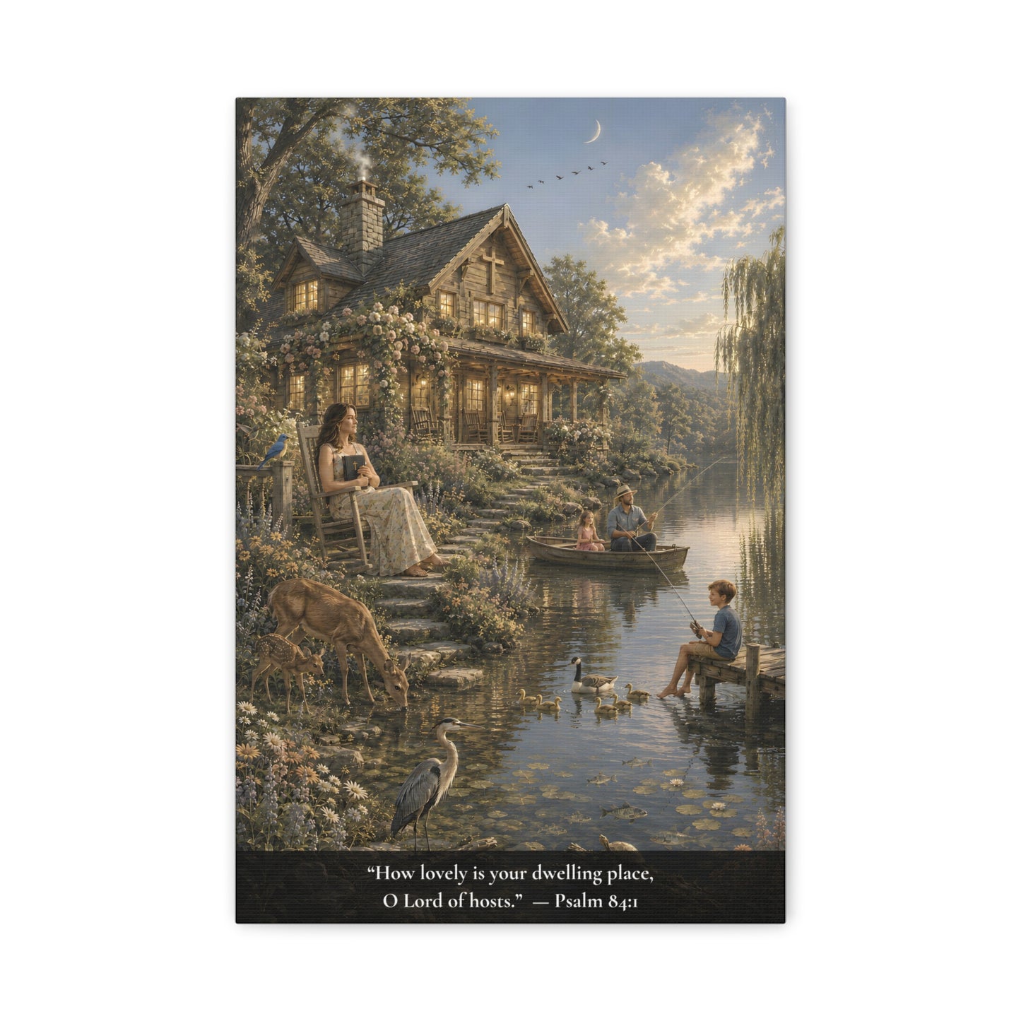 A vertical canvas wall art print  showing a peaceful lakeside cottage scene with a woman reading on the porch, children in a boat and fishing on the dock, ducks, a deer, birds, and a moon in the sky. A black band at the bottom contains the quote, “How lovely is your dwelling place, O Lord of hills: Psalm 84:2.