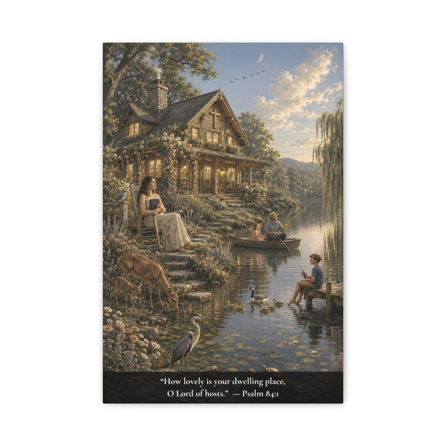 A vertical canvas wall art print  showing a peaceful lakeside cottage scene with a woman reading on the porch, children in a boat and fishing on the dock, ducks, a deer, birds, and a moon in the sky. A black band at the bottom contains the quote, “How lovely is your dwelling place, O Lord of hills: Psalm 84:2.
