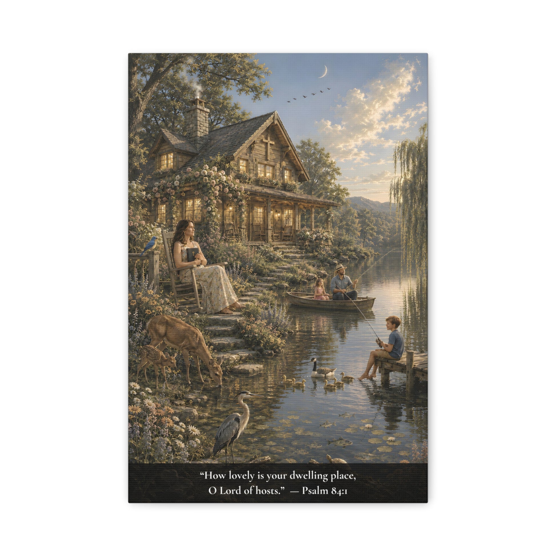 A vertical canvas wall art print  showing a peaceful lakeside cottage scene with a woman reading on the porch, children in a boat and fishing on the dock, ducks, a deer, birds, and a moon in the sky. A black band at the bottom contains the quote, “How lovely is your dwelling place, O Lord of hills: Psalm 84:2.