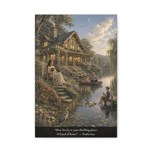 A vertical canvas wall art print  showing a peaceful lakeside cottage scene with a woman reading on the porch, children in a boat and fishing on the dock, ducks, a deer, birds, and a moon in the sky. A black band at the bottom contains the quote, “How lovely is your dwelling place, O Lord of hills: Psalm 84:2.