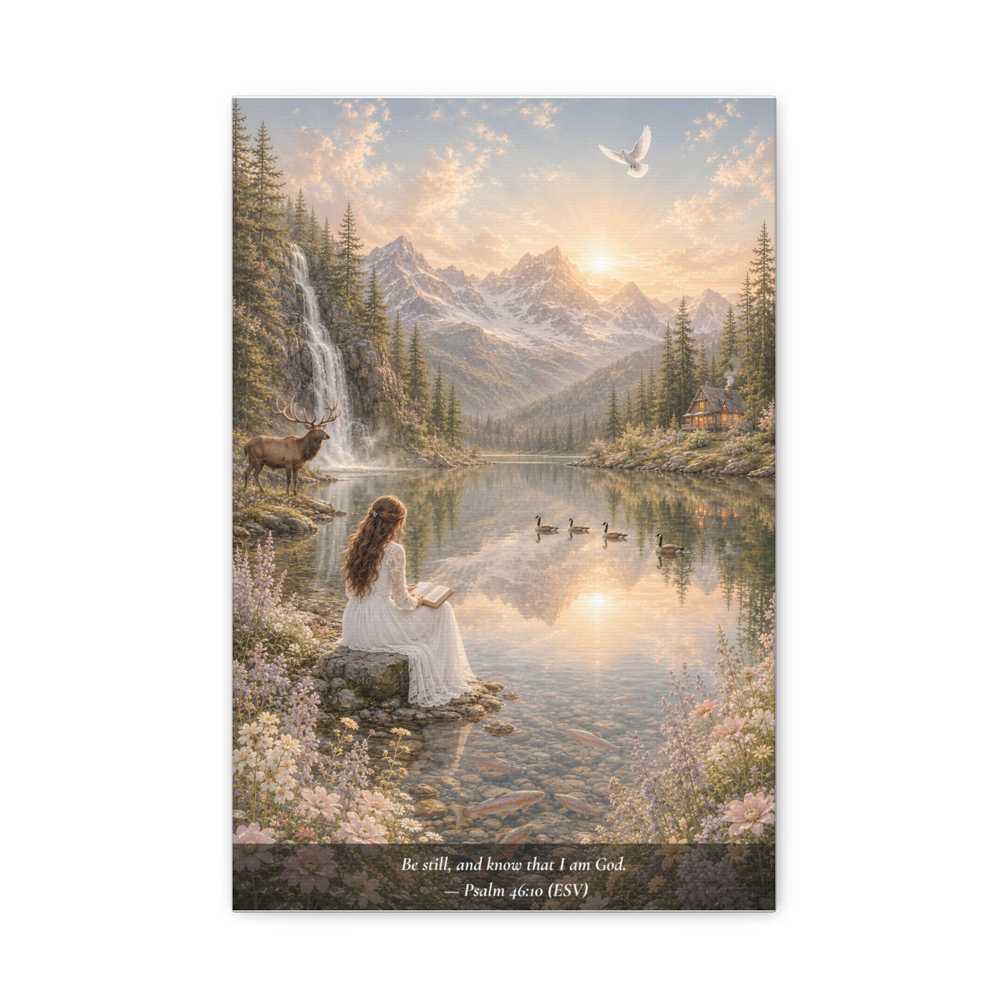 Be Still and Know — Psalm 46:10 — Woman at the Lake — Classic Edition — Christian Canvas Wall Art