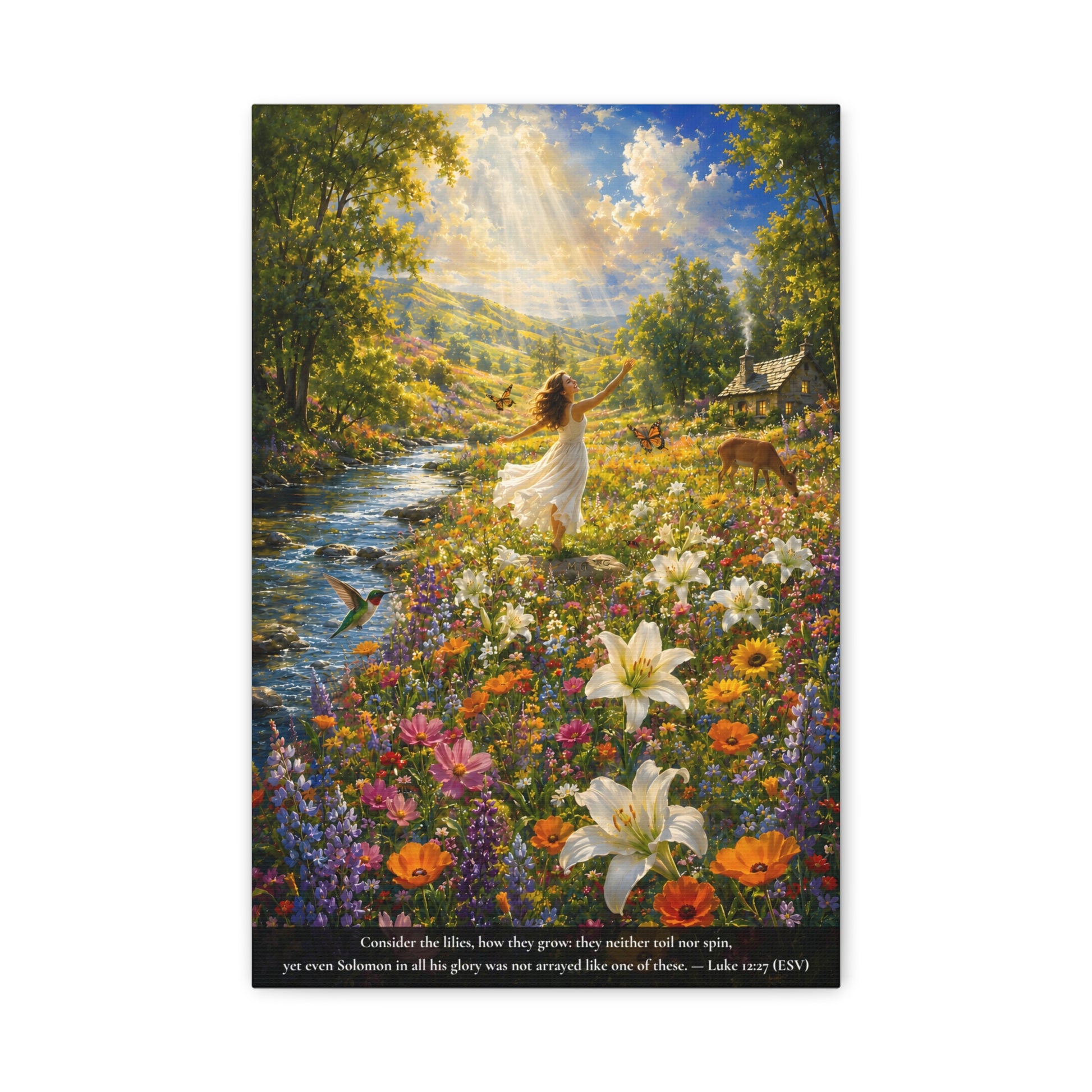 A vertical canvas wall art print   of a woman in a white dress standing in a field of flowers with a cabin in the background.  Luke 12:27 "Consider the lilies..."