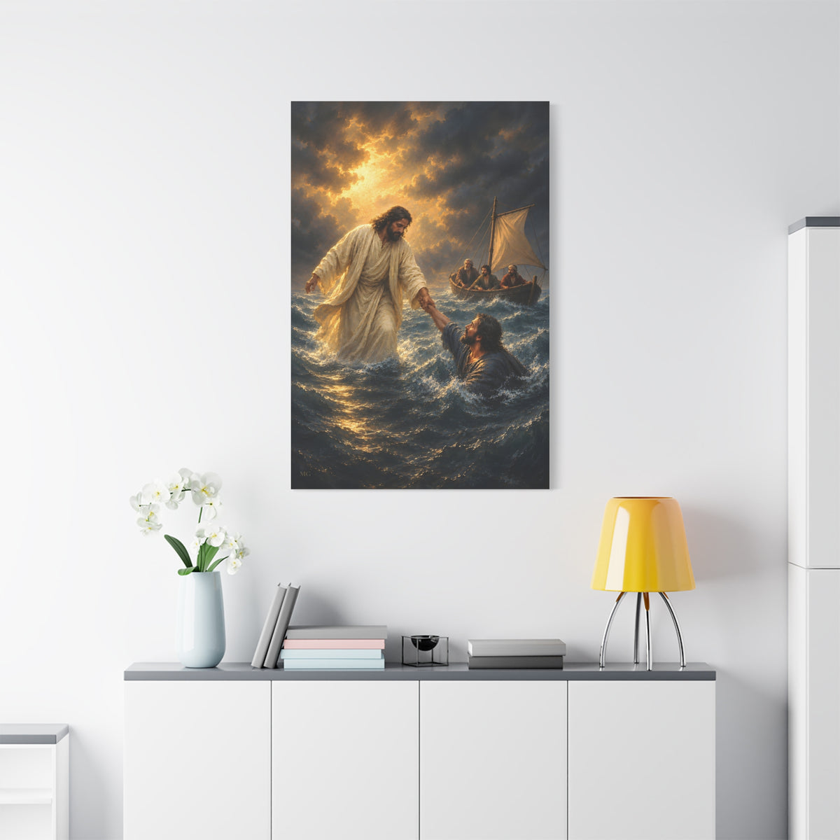 Jesus Saves Peter Portrait — Matthew 14:30-31 | Christian Canvas Art