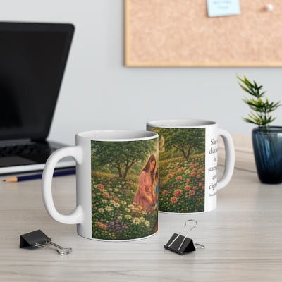 She Is Clothed in Strength and Dignity Mug 11oz - Proverbs 31:25 Christian Gift for Women